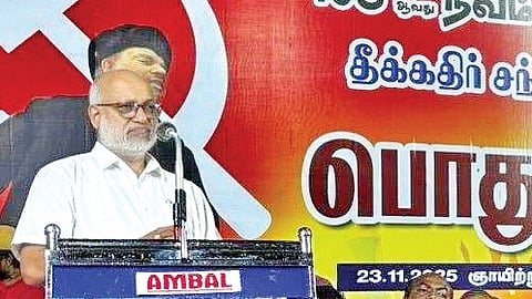 CPM leader MA Baby speaking at an event in Tiruppur on Sunday