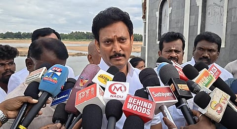 School Education Minister Anbil Mahesh Poyyamozhi speaking to media persons in Tiruchy.