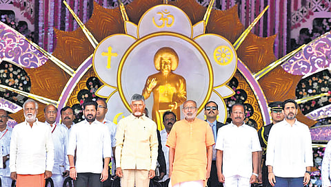 Vice President CP Radhakrishnan, AP Chief Minister Chandrababu Naidu, Telangana CM Revanth Reddy take part in Sai Baba’s birth centenary fete on Sunday.