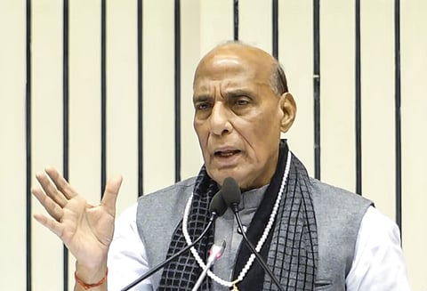 Union Defence Minister Rajnath Singh speaks during the 'Sindhi Samaj Sammelan', in New Delhi, Sunday, Nov. 23, 2025.