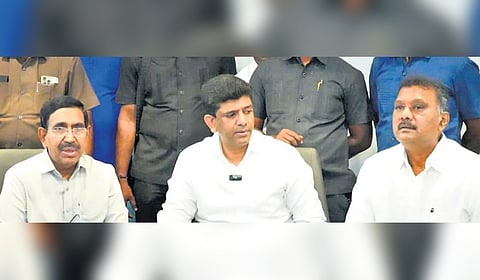 MA&UD Minister P Narayana, Union Minister Pemmasani Chandrashekhar and Tadikonda MLA Sravan Kumar at a meeting in CRDA office on Saturday.