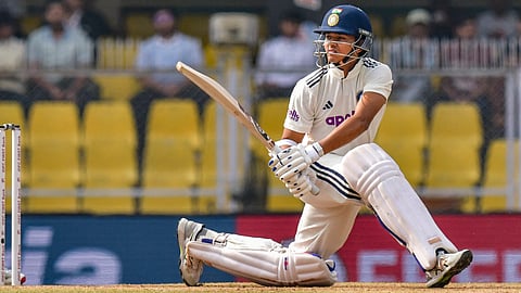 India's Yashasvi Jaiswal plays a shot during the first innings on day 3 of the India vs South Africa 2nd test match at Barsapara Cricket Stadium in Guwahati, on November 24, 2025.