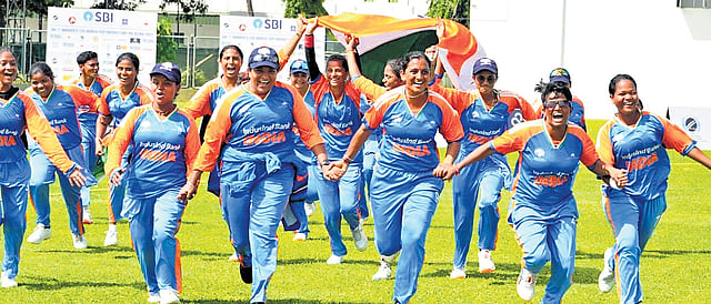 India players celebrate as they clinch the inaugural SBI Women’s T20 World Cup for the Blind, defeating Nepal in Colombo, Sri Lanka, on Sunday.