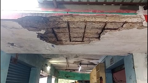 The collapsed portion of the ceiling at Ettayapuram Bus Stand. 
