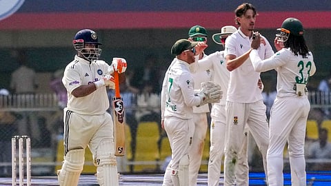 South Africa's Marco Jansen celebrates after the wicket of India's captain Rishabh Pant during day three of the second Test between India and South Africa at ACA Stadium in Guwahati. (Photo | PTI)