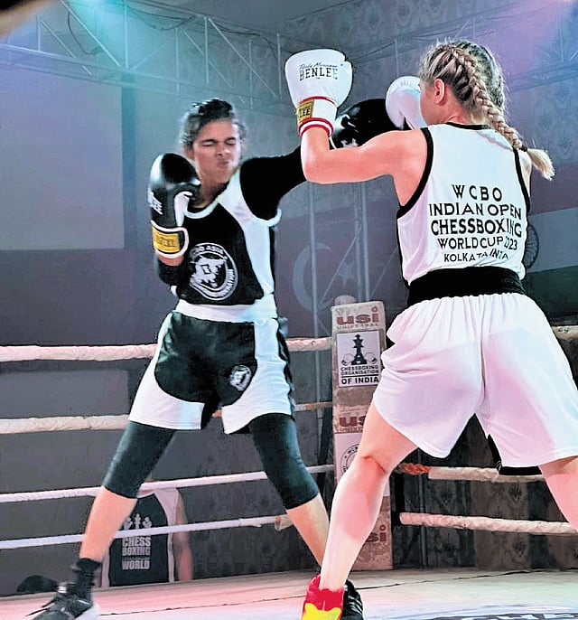 Arundhathy in action against Russia’s Oksana Komissarova during the Asian Chessboxing Championship in 2023