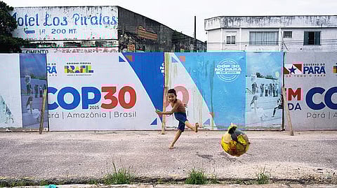 Demonstrators with the likeness of world leaders including President Donald Trump, center, pretend to drill into the Earth during the COP30 U.N. Climate Summit, Thursday, Nov. 20, 2025, in Belem, Brazil. 