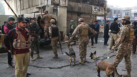 Army soldiers arrive with sniffer dogs after suicide bombers attacked the headquarters of the Federal Constabulary (FC), in Peshawar, Pakistan, Monday, Nov. 24, 2025.