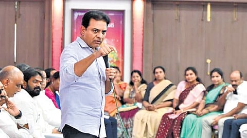 BRS working president KT Rama Rao addressing a meeting of BCs at the party office in Hyderabad