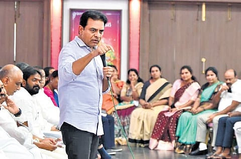 BRS working president KT Rama Rao addressing a meeting of BCs at the party office in Hyderabad