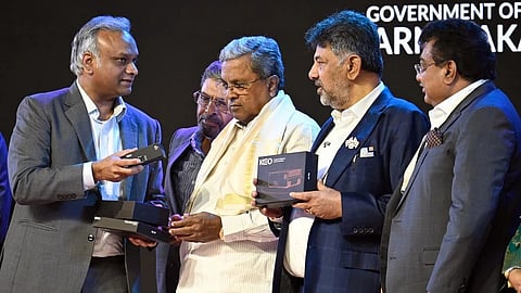 Karnataka Chief minister Siddaramaiah along with DCM DK Shivakumar, industries minister MB Patil, IT-BT Minister Priyank Kharge at the Bengaluru Tech Summit 2025.