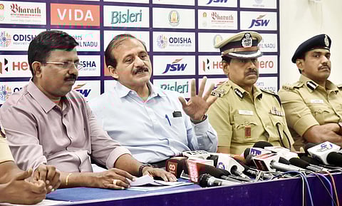 Additional Chief Secretary of TN's Youth Welfare and Sports Development Atulya Misra, IAS and Sekar J Manoharan, President of Hockey Tamil Nadu speak to the media at Mayor Radhakrishnan Hockey Stadium ahead of the  Junior World Cup to begin from 28th November at Chennai & Madurai. 