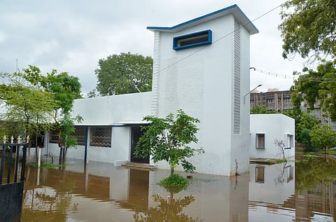 The staff quarters on the ESI hospital premises in Thoothukudi was partially submerged following continuous rainfall on Monday.