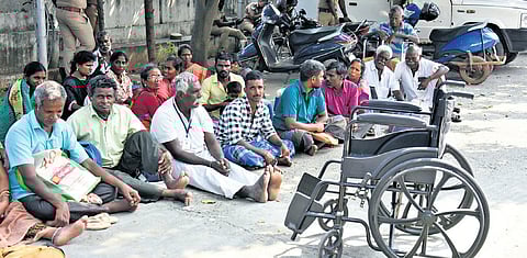 Members of the Disabilities Social Justice Movement protesting outside the Commissionerate for the Differently Abled in Chennai.