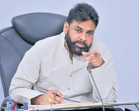 Deputy CM Pawan Kalyan during review meeting on promotions for the secretariat staff with the group of ministers on Tuesday. 