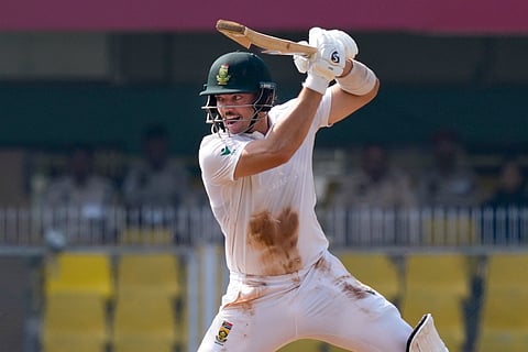 South Africa's Tristan Stubbs plays a shot during the fourth day of the second Test between India and South Africa in Guwahati (Photo | PTI)