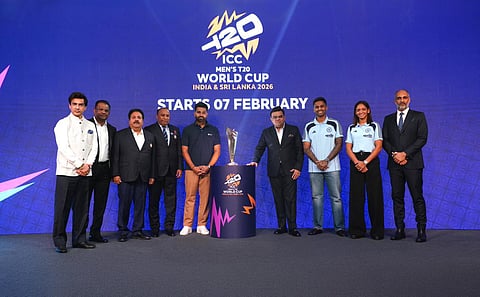 ICC Chair Jay Shah (C), India captains Suryakumar Yadav and Harmanpreet  Kaur with former skipper Rohit Sharma at the launch of the tournament in Mumbai