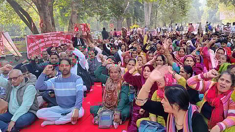 Labour protest in Gurugram in Haryana.