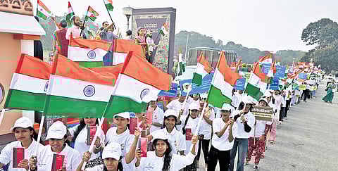 Youngsters take out a rally outside Vidhana Soudha to mark Constitution Day in Bengaluru on Wednesday.