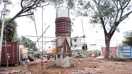 The construction of the pillars for the Vennampatti to Bharathipuram bridge which is currently underway.