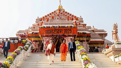Prime Minister Narendra Modi with Uttar Pradesh Governor Anandiben Patel and Chief Minister Yogi Adityanath at the Ram Temple, in Ayodhya, Uttar Pradesh.