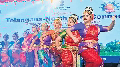 Artistes perform during the Telangana North East Connect Techno-Cultural Festival Phase-2 closing ceremony at Raj Bhavan in Hyderabad on Thursday.
