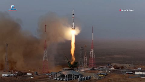 In this photo taken from video released by Roscosmos space corporation, the Soyuz-2.1 rocket booster with Soyuz MS-28 space ship carrying NASA astronaut Chris Williams and Roscosmos cosmonauts Sergey Kud-Sverchkov and Sergey Mikaev, a new crew to the International Space Station, ISS, blasts off in Russian leased Baikonur cosmodrome, Kazakhstan, Thursday, Nov. 27, 2025.