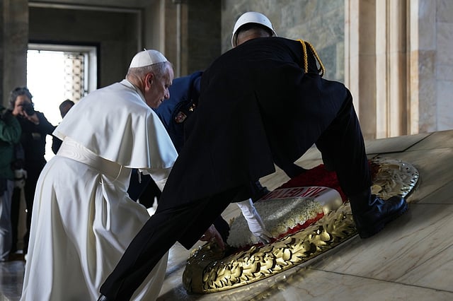Pope Leo XIV lays a wreath at the Ataturk Mausoleum in Ankara, Turkey, Thursday, Nov. 27, 2025.