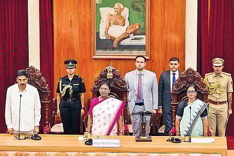 President Droupadi Murmu with Governor Hari Babu Kambhampati and Speaker Surama Padhy before her address to the state Assembly on Thursday.