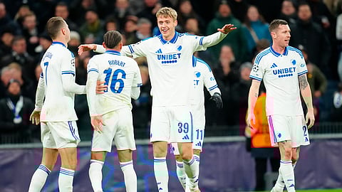 Copenhagen's Viktor Dadason, center, celebrates after scoring the opening goal during the Champions League opening phase soccer match between FC Copenhagen and Kairat Almaty in Copenhagen on Nov. 26, 2025. 