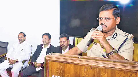 Commissioner of Police SV Rajashekar Babu speaking at the cybercrime awareness programme at Bezawada Bar Association on Friday.