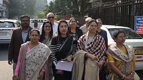 A delegation of Trinamool Congress (TMC) MPs outside the Nirvachan Sadan after meeting with the Chief Election Commissioner in New Delhi on Friday, Nov. 28, 2025.