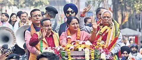 Delhi Chief Minister Rekha Gupta during road show in support of BJP candidate from Chandni chowk seat,Suman Kumar Gupta for MCD bypoll Elections 2025 in Old Delhi on Friday November 28,2025. 