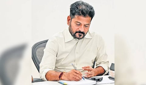 Chief Minister A Revanth Reddy chairs a review meeting on the Telangana Rising Global Summit-2025 at the Integrated Command Control Centre in Hyderabad.