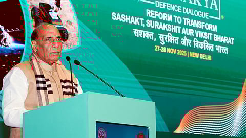 Defence Minister Rajnath Singh addresses the gathering during the 'Chanakya Defence Dialogue 2025' at the Manekshaw Centre.