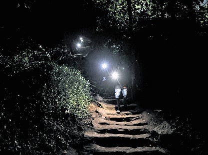 Tourists use mobile flashlights to navigate a poorly-lit path to the beach