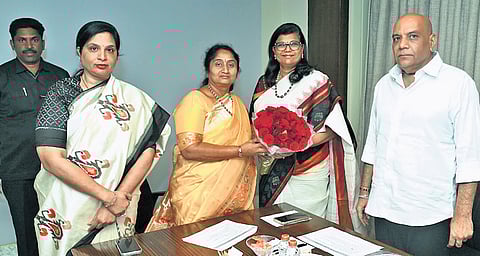 Textiles Minister S Savitha, along with Honorary Advisor Suchitra Ella, Special CS RP Sisodia, Secretary Rekha Rani and Lepakshi MD Viswa during a meeting.