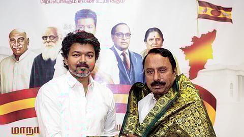 Former AIADMK veteran and nine-time MLA KA Sengottaiyan joins Tamilaga Vettri Kazhagam (TVK) in the presence of party chief Vijay at the party office at Panaiyur, Chennai, on November 27, 2025.