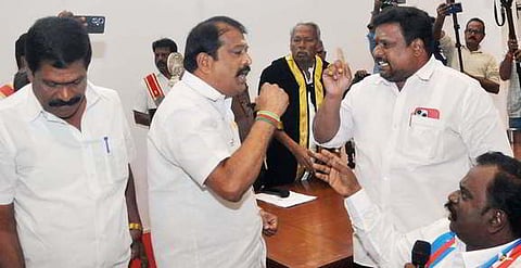  DMK and AIADMK councillors seen in a heated clash during the monthly council meeting at Salem City Municipal Corporation.