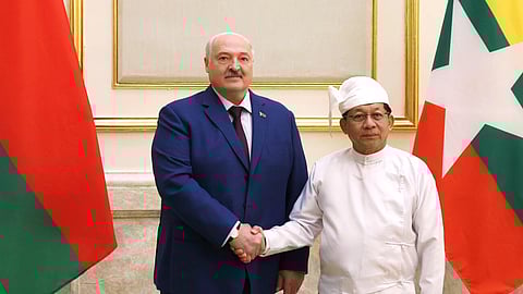 In this photo released by Belarusian presidential press service, Belarusian President Alexander Lukashenko and Myanmar's Military leader Senior Gen. Min Aung Hlaing, right, seen during their meeting in Naypyitaw, Myanmar, Friday, Nov 28, 2025