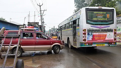 Traffic congestion due to parked vehicles at Gandhi market in Tiruchy.
