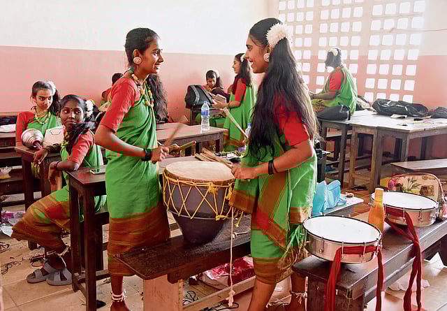 Students of St Joseph CGHS, Tripunithura, engage in final rehearsals before their Malapulayattam performance.