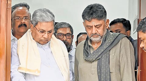CM Siddaramaiah and Deputy CM DK Shivakumar after the breakfast meeting at the former’s residence in Bengaluru on Saturday.