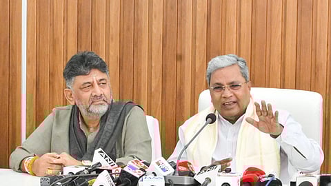 Karnataka Chief Minister Siddaramaiah with Deputy Chief Minister at a press conference in Bengaluru on Saturday, Nov. 29, 2025.