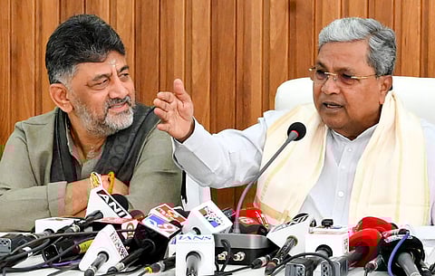 Chief Minister Siddaramaiah, with DCM DK Shivakumar, addressing the media in Bengaluru on Saturday. 