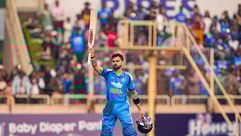  India's Virat Kohli celebrates his century during the first ODI cricket match of a series between India and South Africa, at JSCA International Stadium Complex, in Ranchi, Jharkhand, Sunday, Nov. 30, 2025.