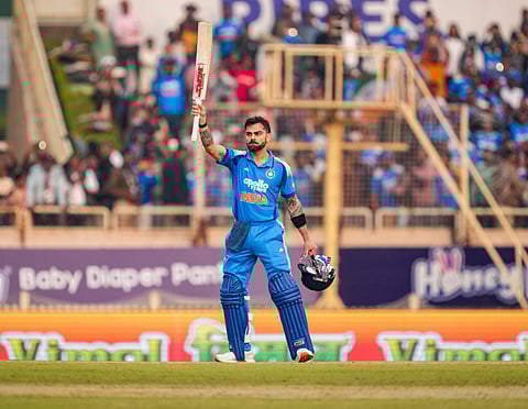 India's Virat Kohli plays a shot during the first One Day International match between India and South Africa in Ranchi, India, Sunday, Nov. 30, 2025.