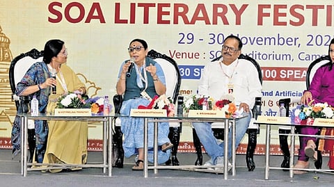Editor of The New Indian Express Group Santwana Bhattacharya (2nd from left) speaking at the SOA Literary Festival, in Bhubaneswar on Sunday