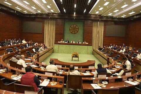 Defence minister Rajnath Singh, JP Nadda, Kiran Rijiju, Arjun Ram Meghwal, Ram Gopal Yadav, Tiruchi Siva and others during the all party meeting at Parliament house in New Delhi on Sunday.
