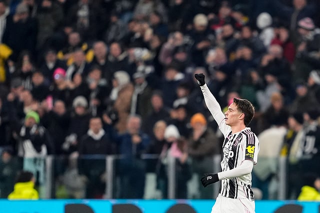 Juventus's Kenan Yildiz celebrates after scoring their side's first goal of the game during the Italian Serie A soccer match between Juventus and Cagliari in Torino, Italy, Saturday, Nov. 29, 2025.